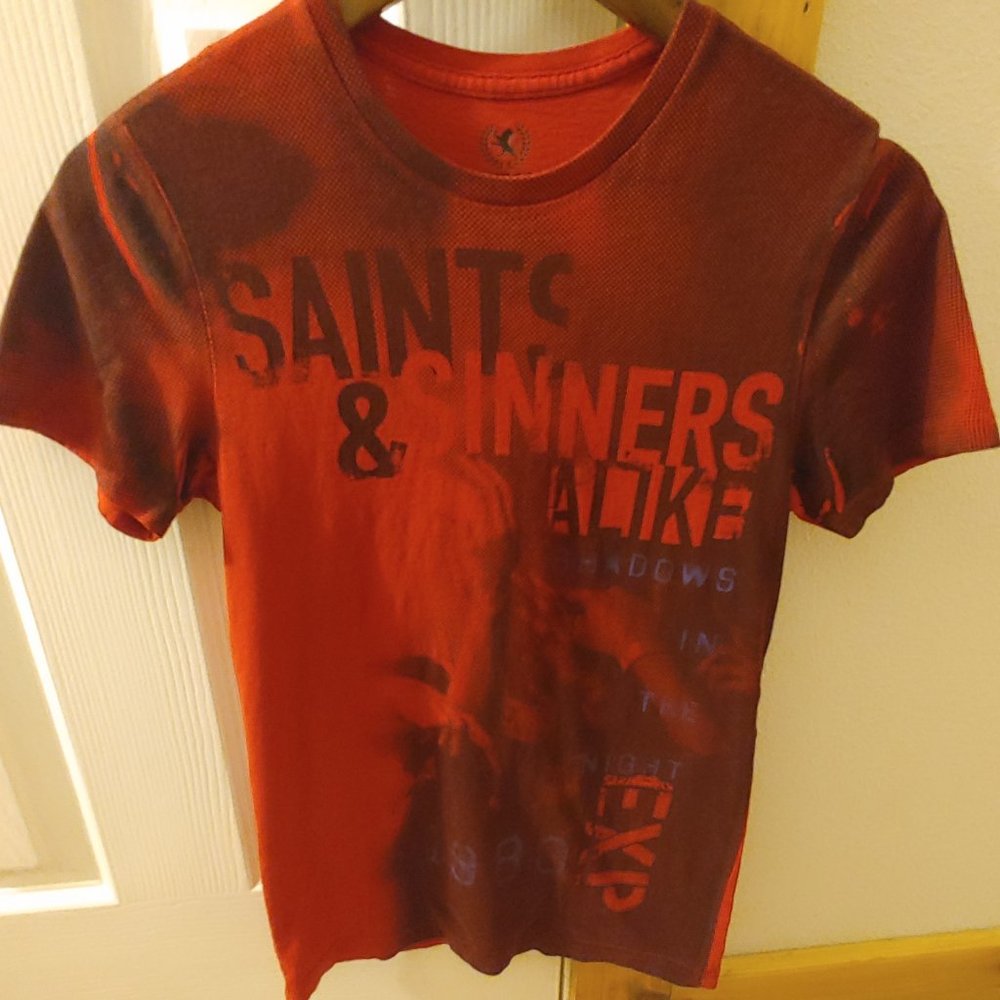 Old School Express Men's T-Shirt. Red w/ Black Text. "Saints & Sinners Alike" XS